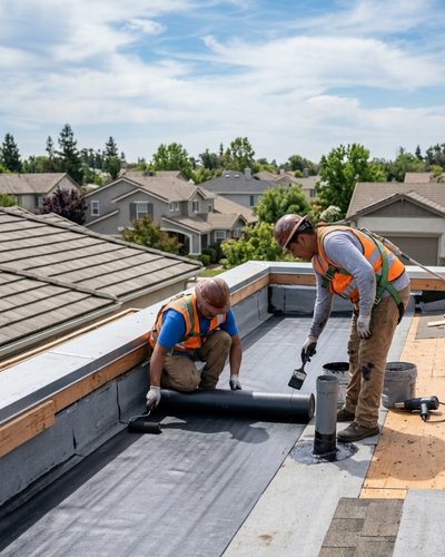 Two professional roofers installing a protective membrane on a residential flat roof as part of a comprehensive roof waterproofing service.